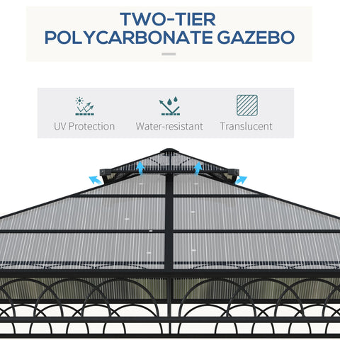 Outsunny 3 x 3 (m) Outdoor Polycarbonate Gazebo, Double\'c2\'a0Roof Hard Top Gazebo with\'c2\'a0Galvanised Steel Frame, Nettings\'c2\'a0&\'c2\'a0Curtains for Garden, Lawn, Patio and Deck, Khaki