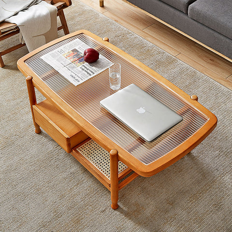 Alethea Rattan Coffee Table, Glass & Solid Wood