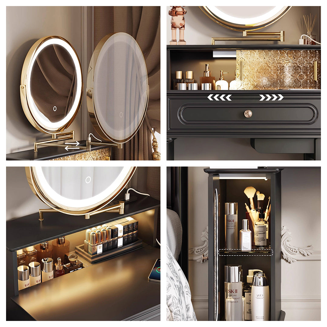 Nguyen Dressing Table With Side Cabinet & LED Mirror, Black