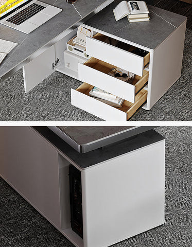 Abdi Corner Office Desk With Storage, Sintered Stone