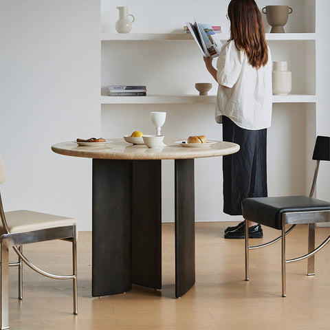 Boulanger Round Dining Table, Solid Wood & Travertine