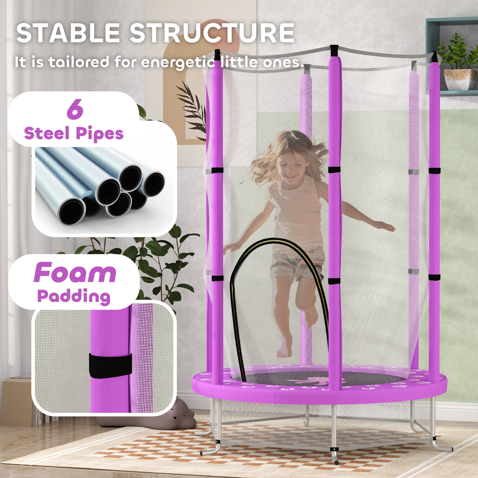 AIYAPLAY 4.6ft Toddler Trampoline w/ Safety Enclosure Net, for Indoor Outdoor Use, Ages 3-6 Years, Purple