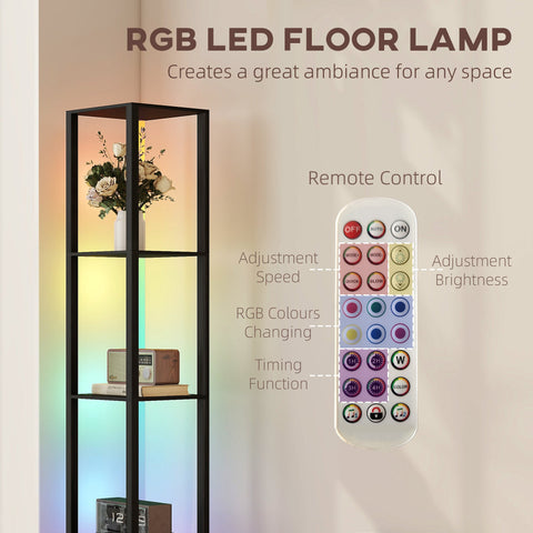 HOMCOM RGB LED Floor Lamp with Shelves, Modern Dimmable Standing Lamp with Remote Control, Adjustable Brightness & Speed for Living Room, Bedroom, Office, Black