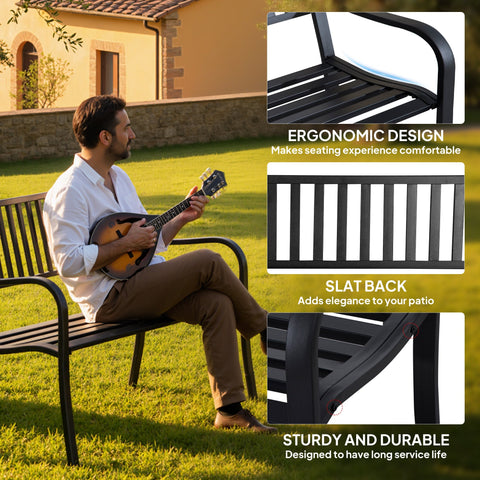 Outsunny Metal Garden Bench Loveseat with Slatted Seat, Black