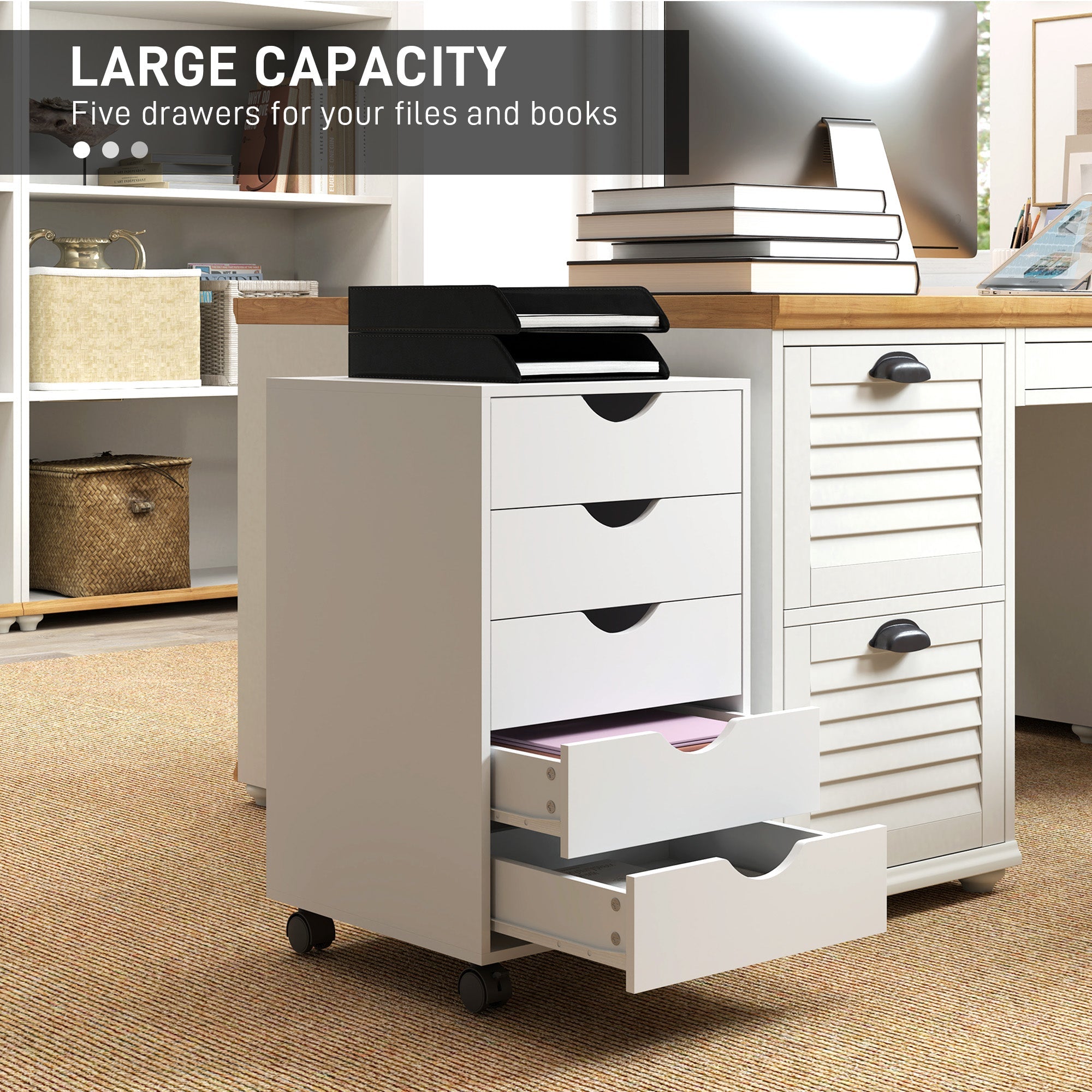 HOMCOM 5 Drawer Mobile Filing Cabinet, Vertical File Cabinet, Modern Rolling Office Storage Organizer Cupboard, White