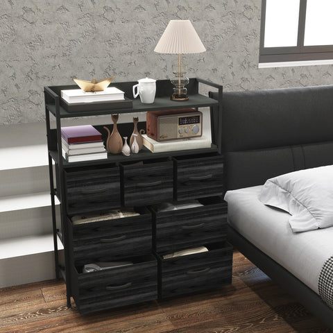HOMCOM Rustic Chest of Seven Fabric Drawers - Black