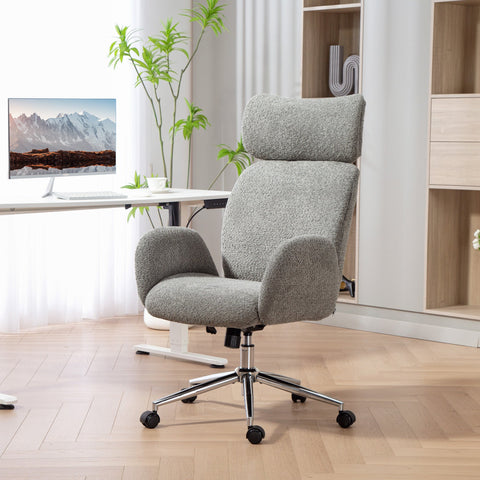 HOMCOM Office Chair with Adjustable Headrest, Spring Pack, Curved Line, Boucle Fabric - Charcoal Grey
