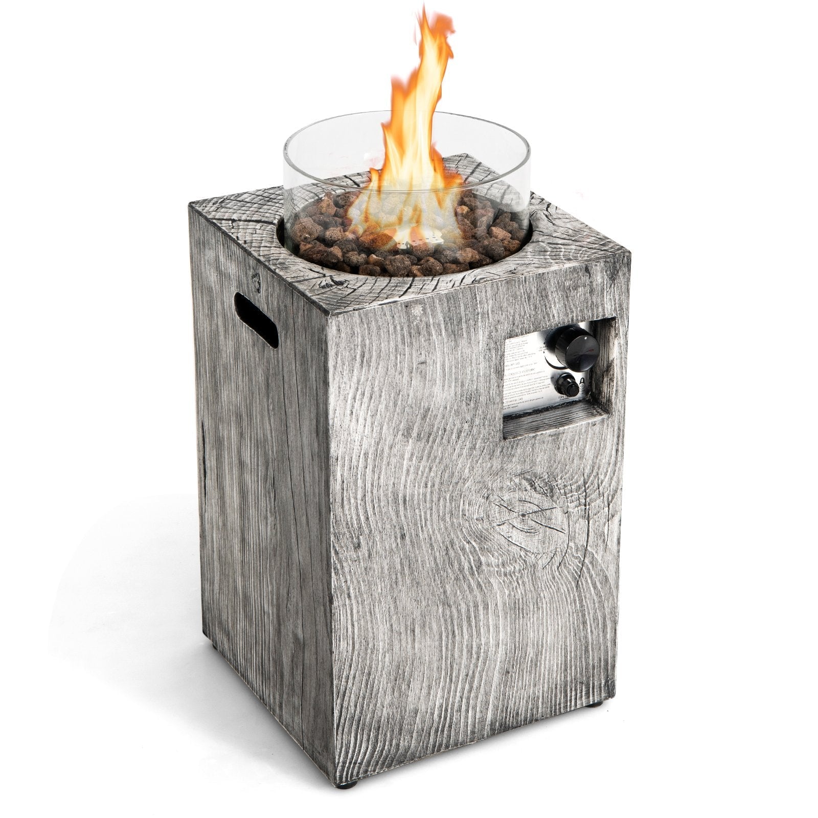 Gray wood-textured 8.79 kw propane gas pit table with glass wind guard and glowing flames over dark pebbles