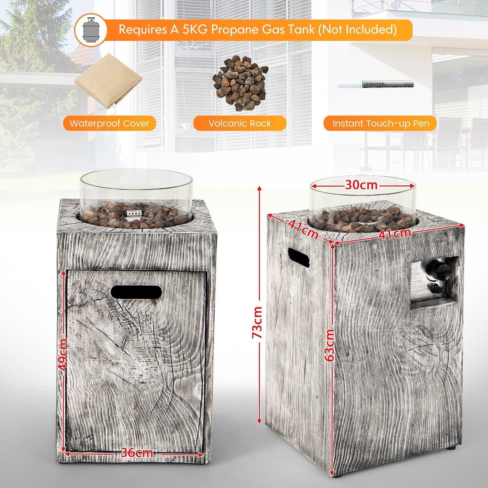 Gray wood-grain textured outdoor propane gas pit table with glass wind guard and volcanic rock interior