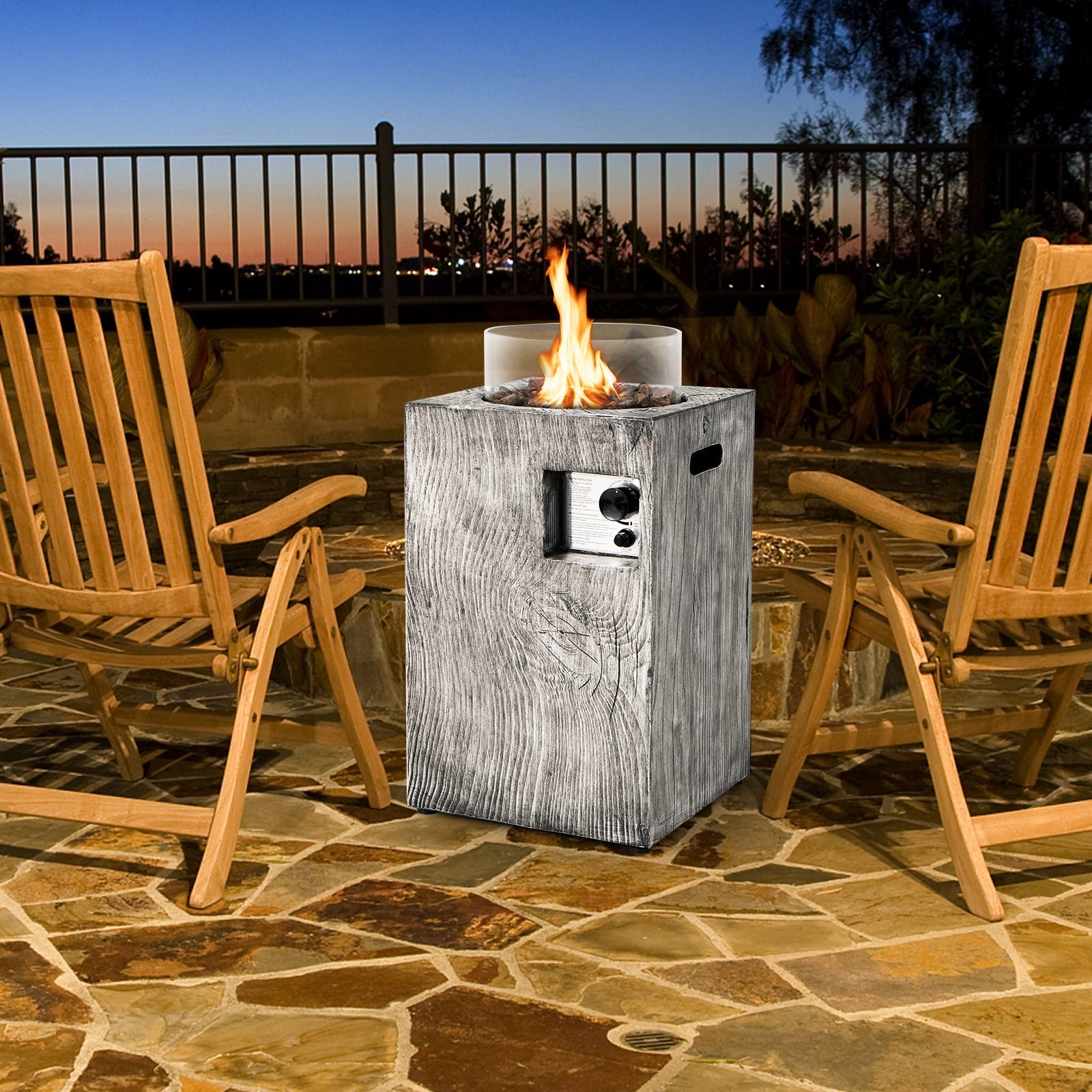 Gray wood-grain textured pit table with white ceramic insert and glass wind guard for propane fire use