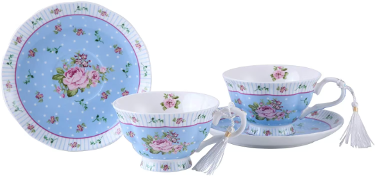 Gift For Mum/ Dad Coronation Family Party Set Special 3 Tier Cake Stand Teapot Milk Jug 2 Cups 2 Saucers (Blue Rose)