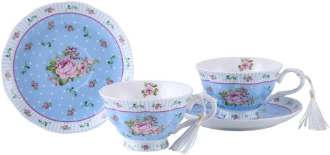 Gift For Mum/ Dad Coronation Family Party Set Special 3 Tier Cake Stand Teapot Milk Jug 2 Cups 2 Saucers (Blue Rose)