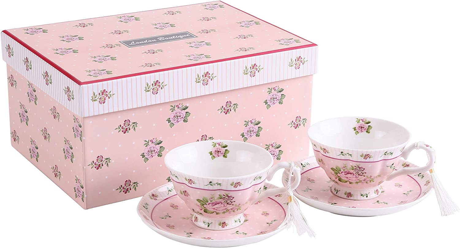 Coffee Tea cups and Saucers set of 2 Vintage Flora Rose Lavender Porcelain Gift Box (Rose Pink 2pc Set)