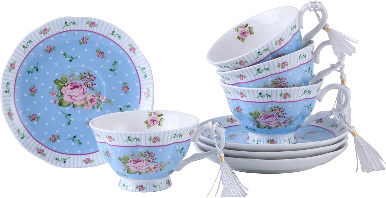 Tea Coffee Family Set for Mothers Day Coronation Party- 3 Tier Cake Stand, Teapot, Milk Jug, Sugar Bowl, 4 Plates, 4 Cups/ 4 Saucers (Blue)