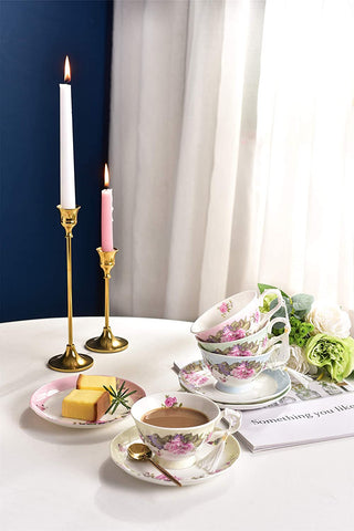 Coffee Tea cup and Saucer set 4 Shabby Chic Vintage porcelain Bird Butterfly Flora Gift Box (1 set of 4)