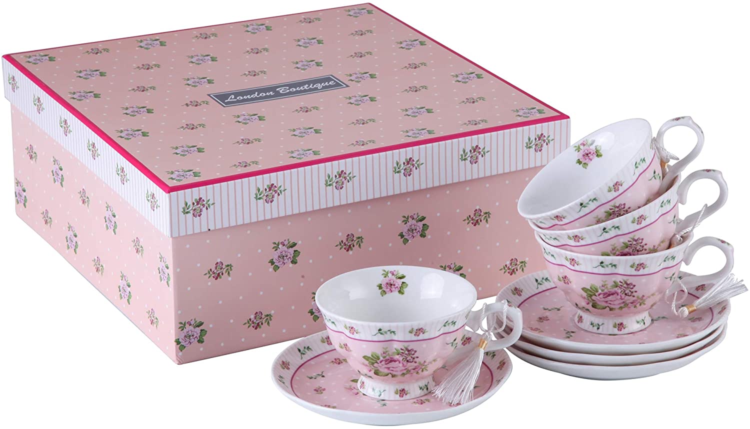 Christmas New Year Family Party Set Special 3 Tier Cake Stand Teapot Milk Jug 4 Cups 4 Saucers (Pink Rose)