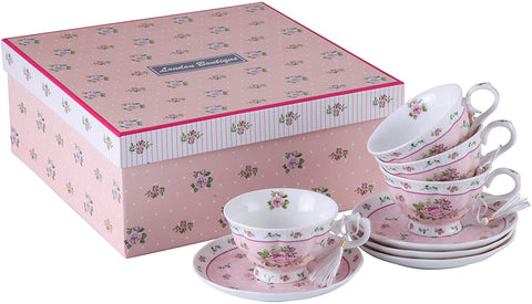Christmas New Year Family Party Set Special 3 Tier Cake Stand Teapot Milk Jug 4 Cups 4 Saucers (Pink Rose)