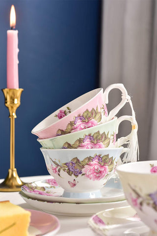 Coffee Tea cup and Saucer set 4 Shabby Chic Vintage porcelain Bird Butterfly Flora Gift Box (1 set of 4)