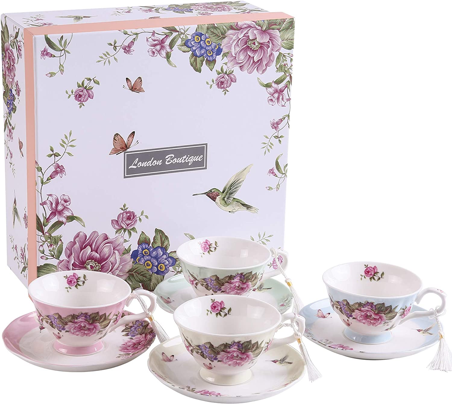 Coffee Tea cup and Saucer set 4 Shabby Chic Vintage porcelain Bird Butterfly Flora Gift Box (1 set of 4)