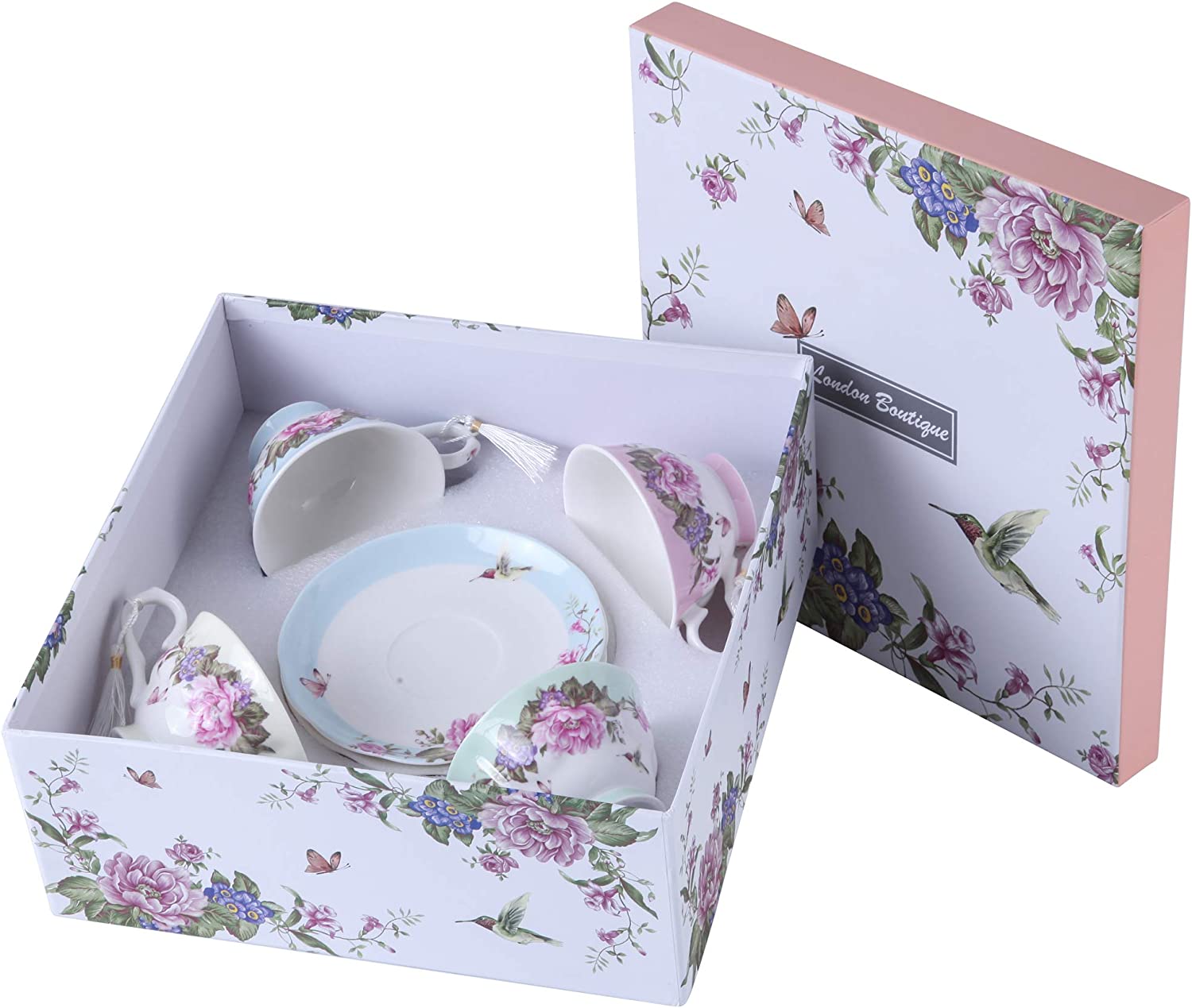 Coffee Tea cup and Saucer set 4 Shabby Chic Vintage porcelain Bird Butterfly Flora Gift Box (1 set of 4)