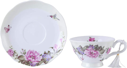 Coffee Tea cup and Saucer set 4 Shabby Chic Vintage porcelain Bird Butterfly Flora Gift Box (1 set of 4)