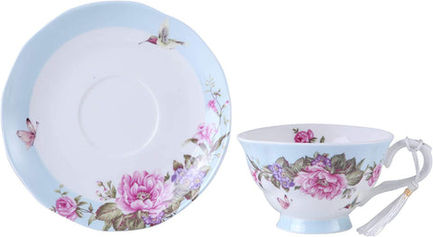 Coffee Tea cup and Saucer set 4 Shabby Chic Vintage porcelain Bird Butterfly Flora Gift Box (1 set of 4)
