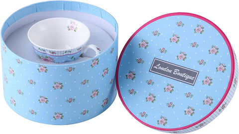 Coffee Tea cups and Saucers set of 2 Vintage Flora Rose Lavender Porcelain Gift Box (Rose Blue 1pc Set)