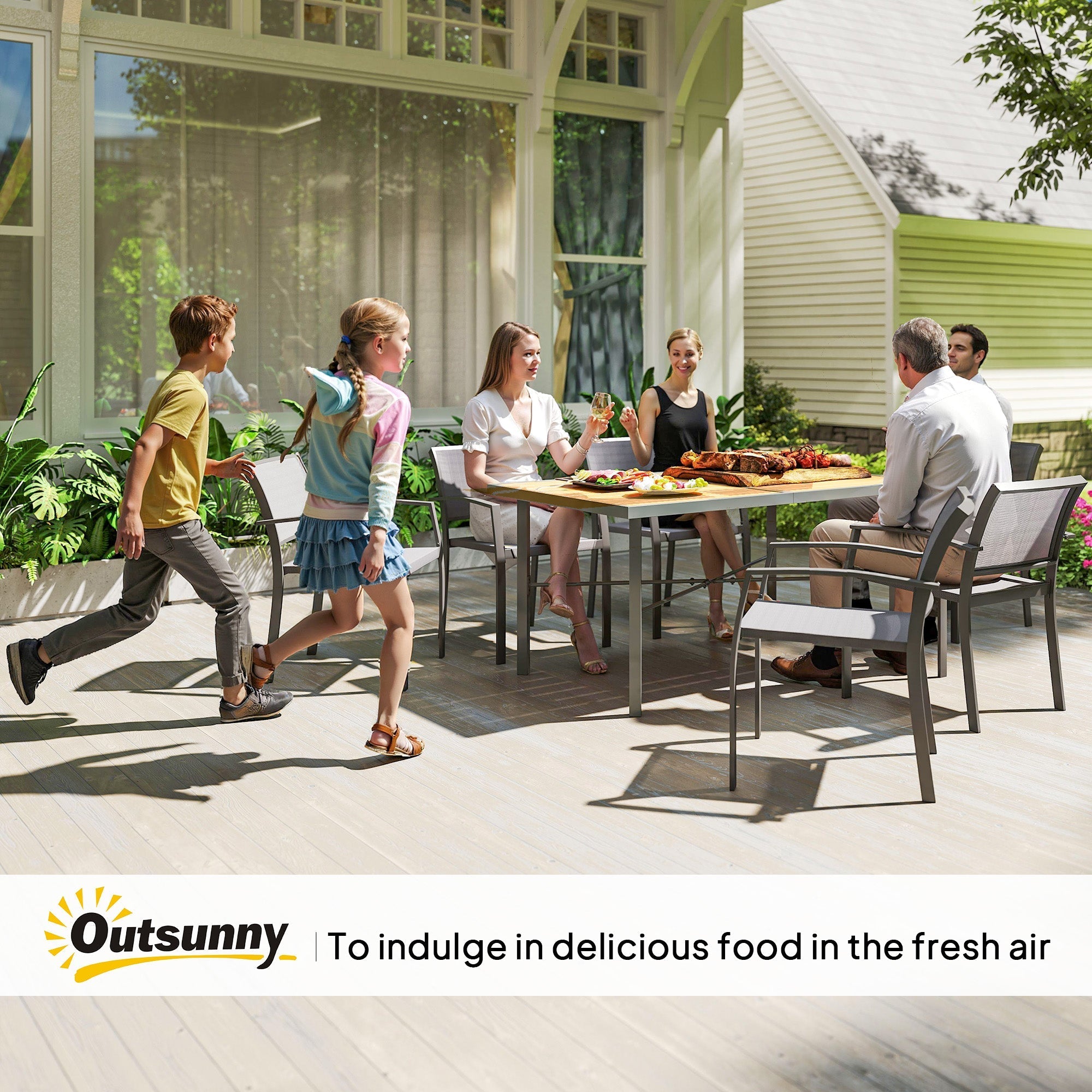 Outsunny Garden Table for 6, Outdoor Dining Table with 5cm Umbrella Hole, Wood Effect Top, Rust Resistant Frame, for Patio, Balcony, Terrace, 150 x 90 cm