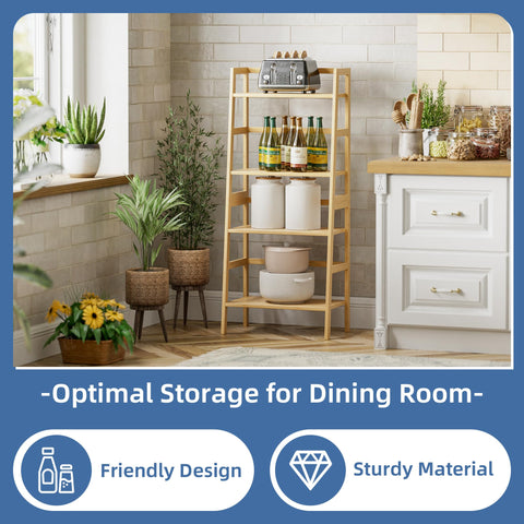 HITNET Bamboo Ladder Shelf, 4-Tier Bookshelf, Freestanding Open Bookcase Bathroom Storage Rack Organizer, Small Flower Plant Stand, Natural