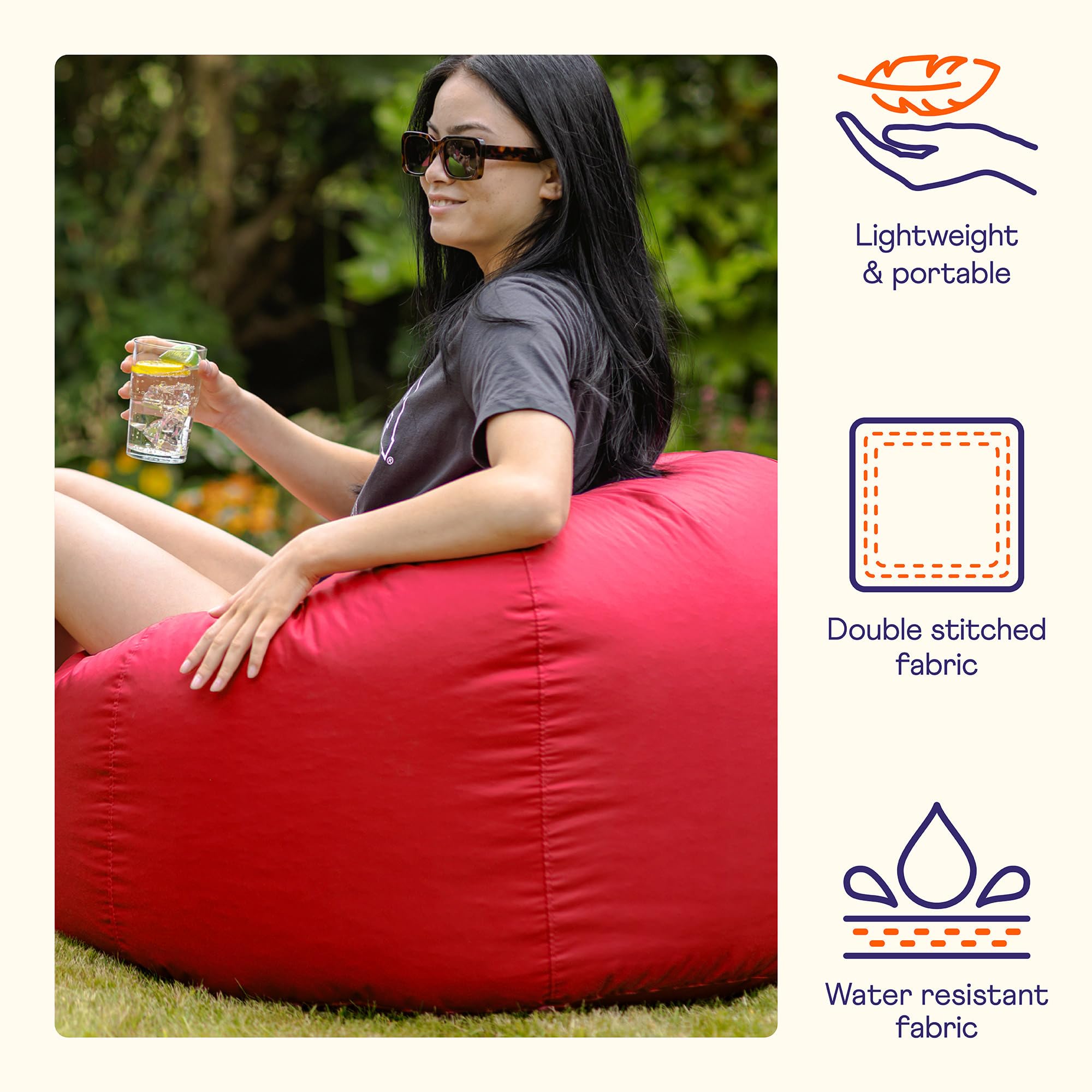 Bean Bag Bazaar Outdoor Bean Bag, Red, Water Resistant Fabric, Large Beanbag with Filling Included, Floor Chair, Garden Chair, Outdoor Seating, Garden
