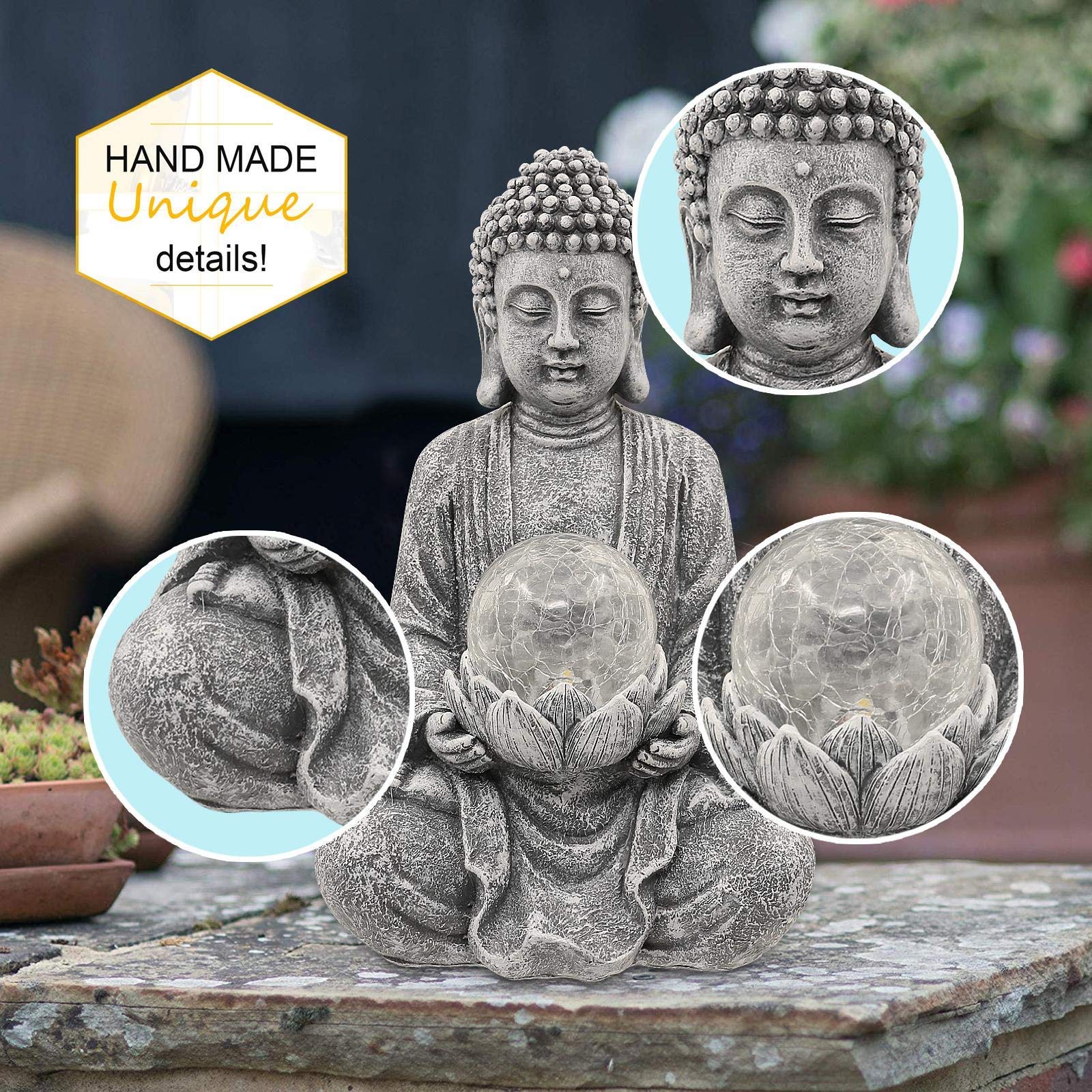 Goodeco Meditating Buddha Ornament with Solar Light,Zen Solar Garden Buddha Statue with Cracked glass ball sculpture-Indoor/Outdoor Decor Gifts for