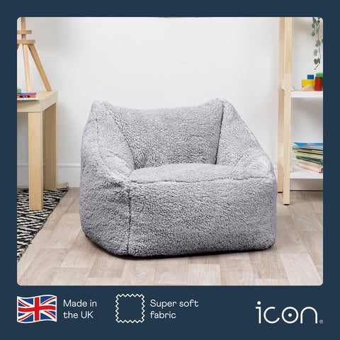icon Kids Teddy Fleece Bean Bag Chair, Grey, Fluffy Kids Bean Bag Armchair with Filling Included for Girls and Boys, Childrens Chair, Nursery Dcor,