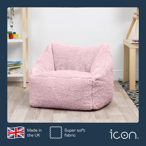 icon Kids Teddy Fleece Bean Bag Chair, Pink, Fluffy Kids Bean Bag Armchair with Filling Included for Girls and Boys, Childrens Chair, Nursery Dcor,