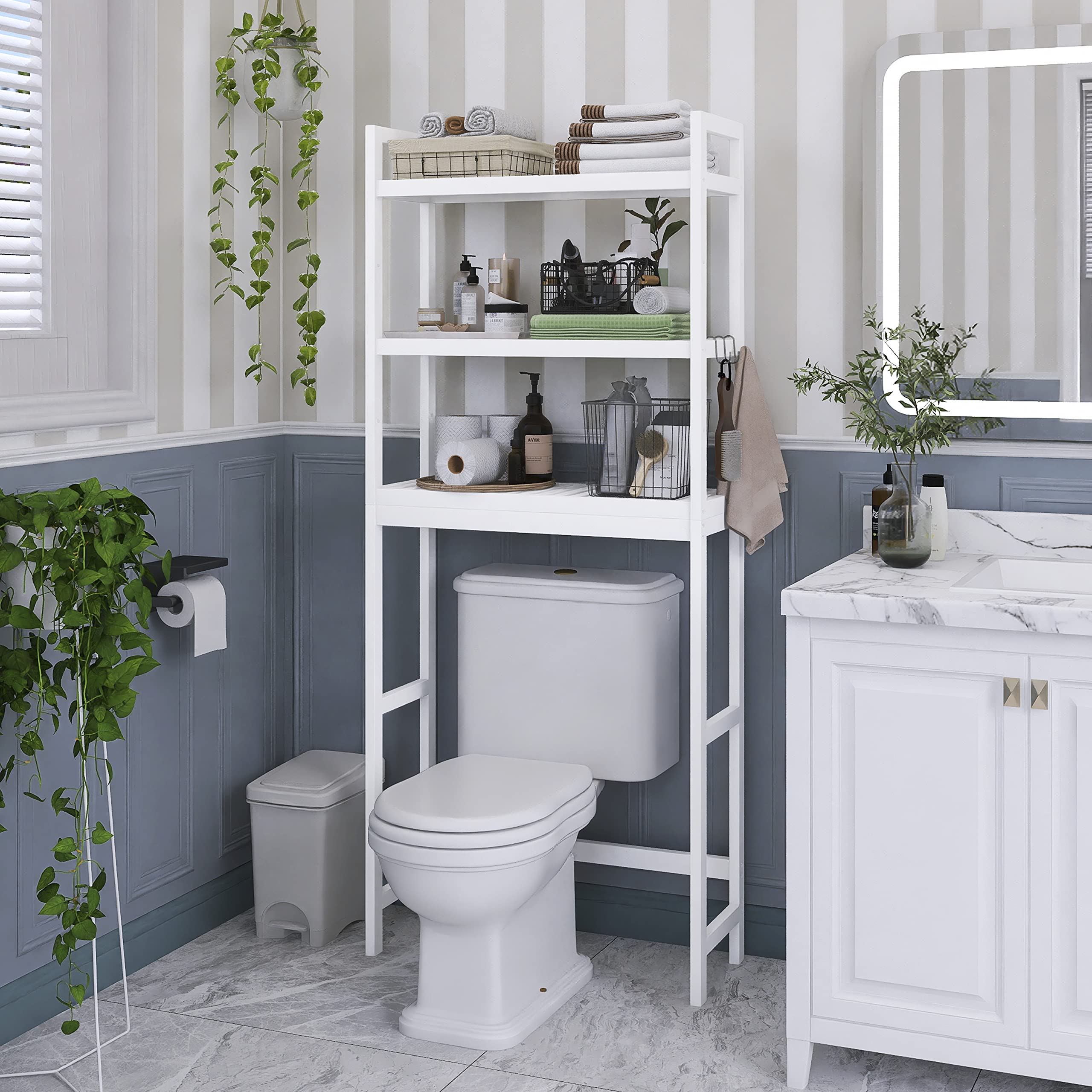 SMIBUY Bathroom Storage Shelf, Bamboo Over-The-Toilet Organizer Rack, Freestanding Toilet Space Saver with 3-Tier Adjustable Shelves (White)