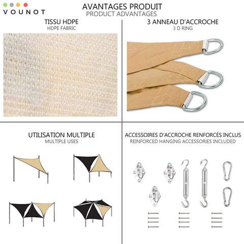 VOUNOT Sun Shade Sail Canopy Triangle 5x5x5m with Fixing Kit, HDPE, UV-Protection Breathable Awning for Garden Outdoor Patio, Ivory