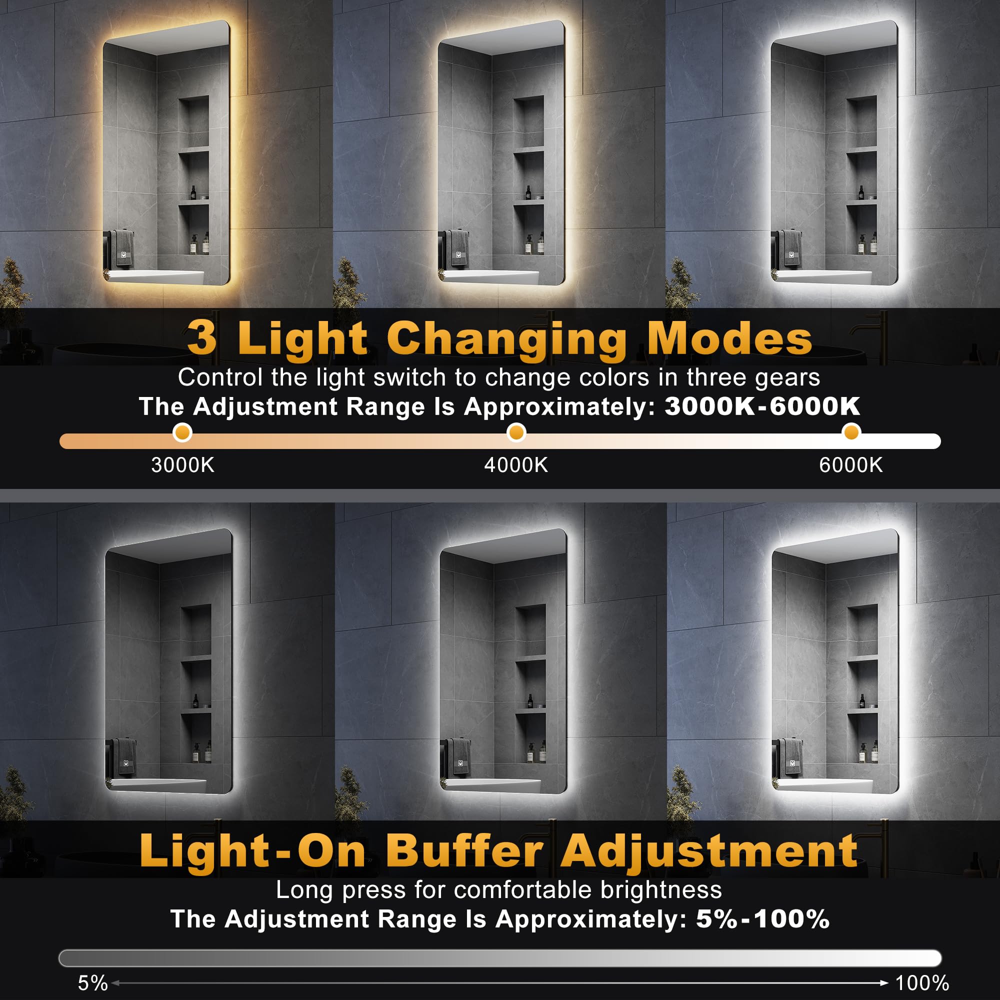 ELEGANT 800 x 500mm Backlit LED Illuminated Bathroom Mirror with 3 Colors Dimmable + Demister