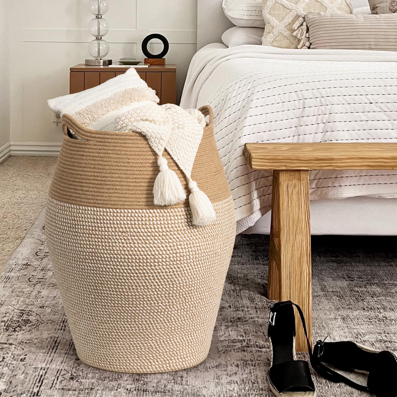 Laundry Hamper Tall Woven Cotton Rope Laundry Basket Dirty Clothes Hamper Kids Curve Laundry Basket Large in Bathroom Laundry Room for Dirty Clothes