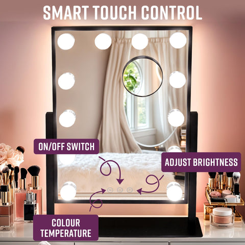GloBrite Hollywood Mirror with 12 LED Bulbs - 3 Colour Light Modes & Adjustable Brightness, Touch Screen, 360 Rotation, Light Up Mirror, No Assembly