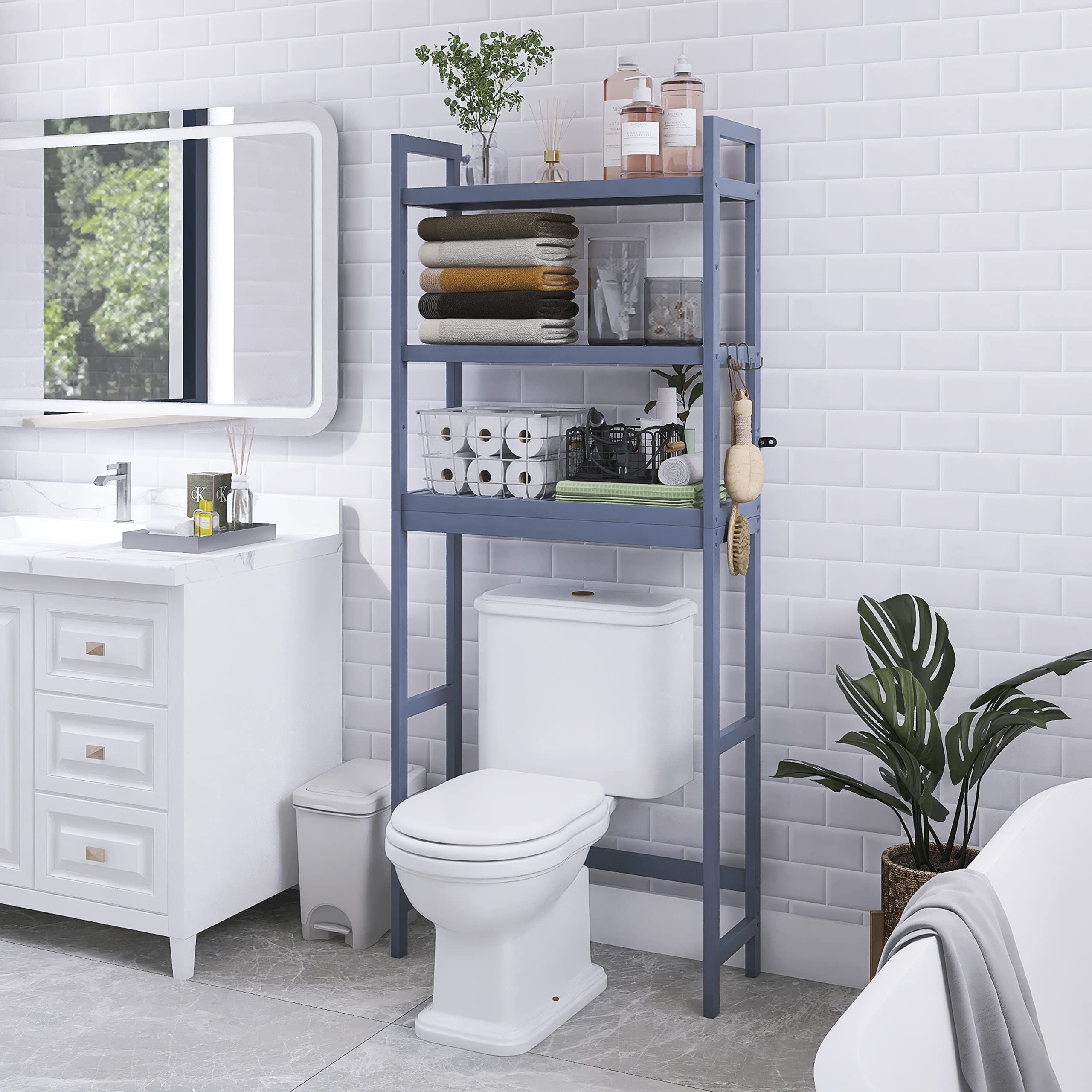 SMIBUY Bathroom Storage Shelf, Bamboo Over-The-Toilet Organizer Rack, Freestanding Toilet Space Saver with 3-Tier Adjustable Shelves (Grey)