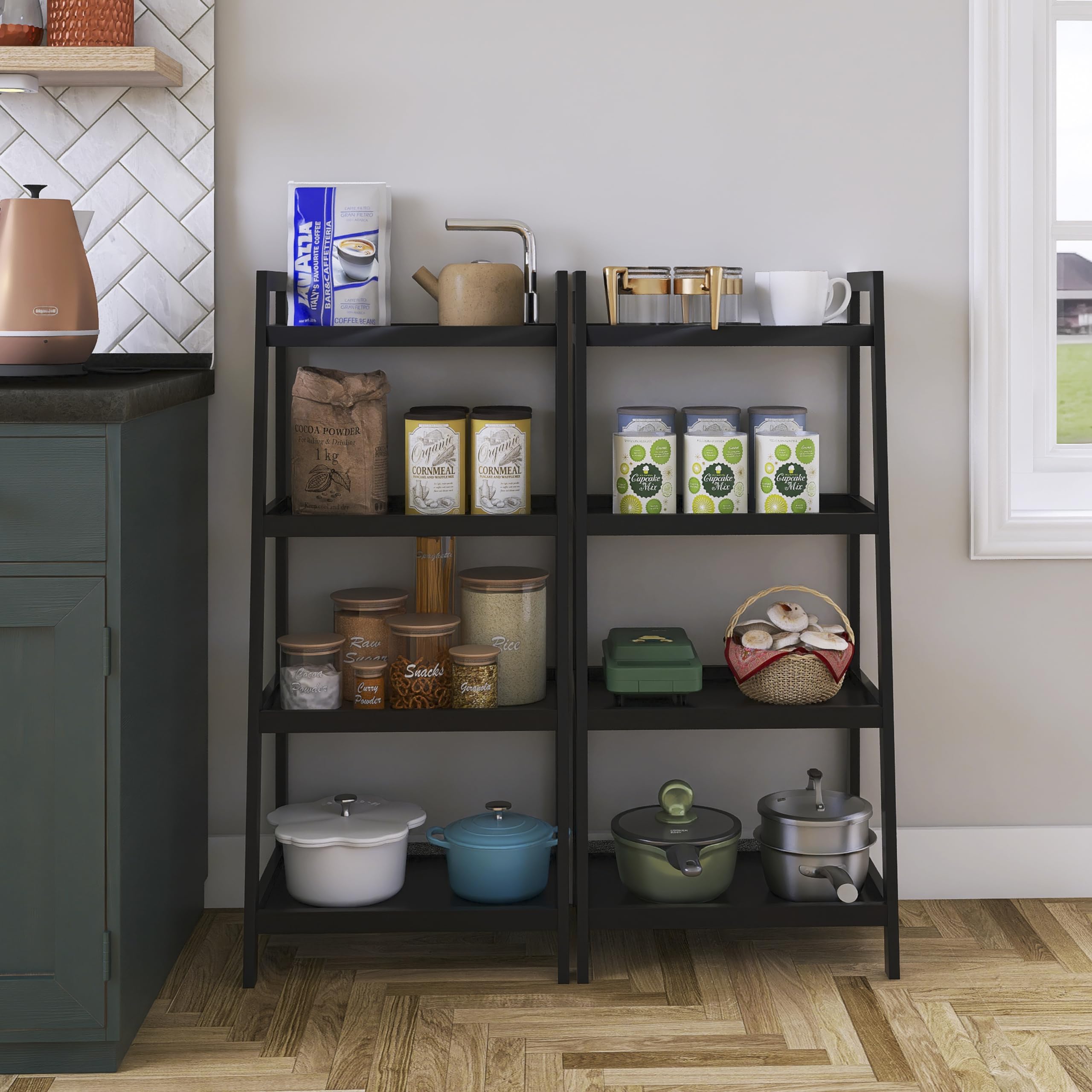 SMIBUY Bamboo Bookshelf, Bathroom Storage Rack Organizer, Plant Flower Display Stand Floor Standing with 4 Tier Open Shelves and Handles (Black)