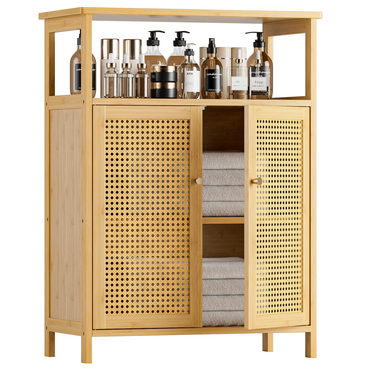 HITNET Rattan Bathroom Storage Cabinet, Bamboo Floor Cupboard with Doors, Freestanding Side Organizer for Living Room, Kitchen, Entryway, Natural