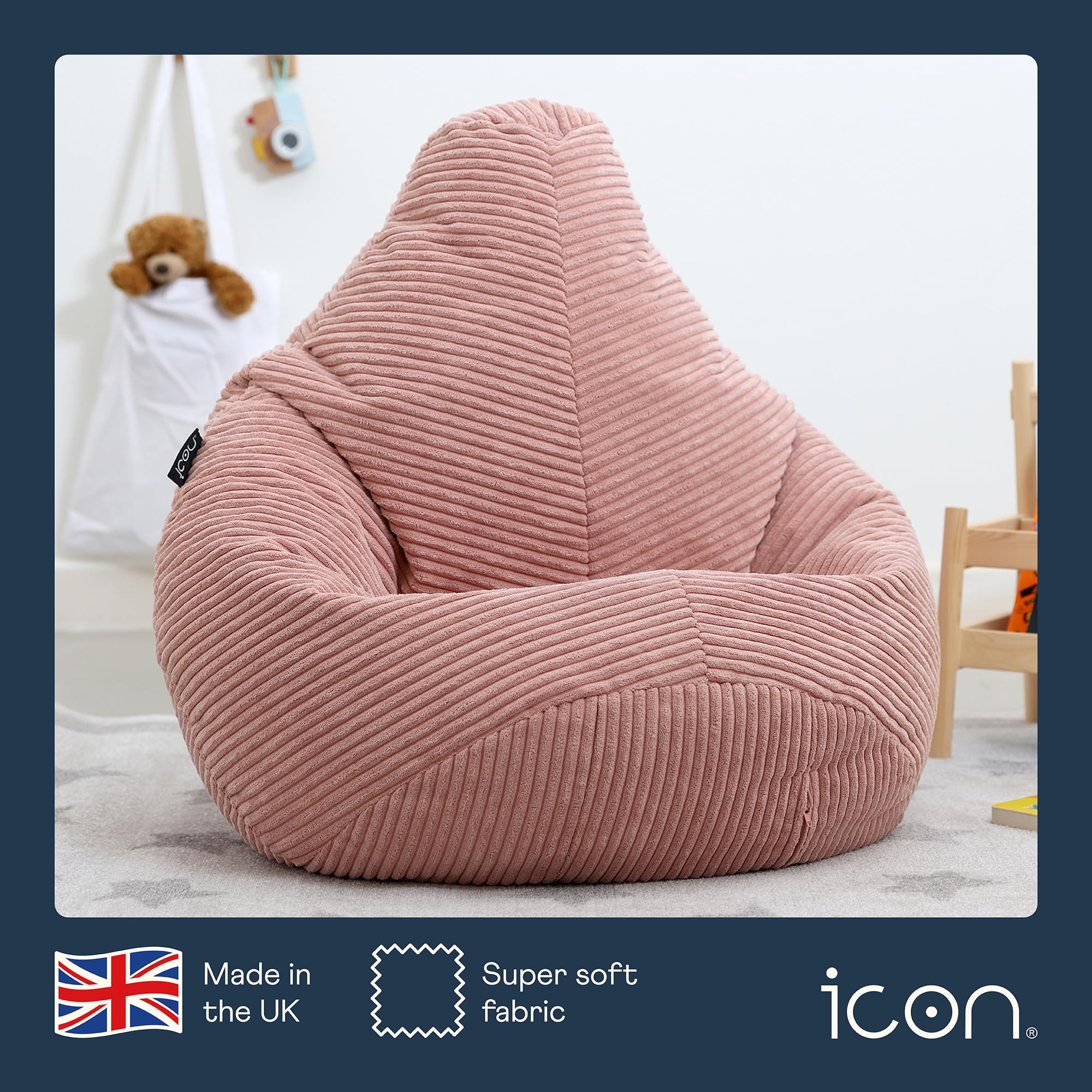 icon Dalton Kids Bean Bag, Dusk Pink, Cord Kids Bean Bag Chair with Filling Included for Girls and Boys, Childrens Chair, Beanbags for Children,