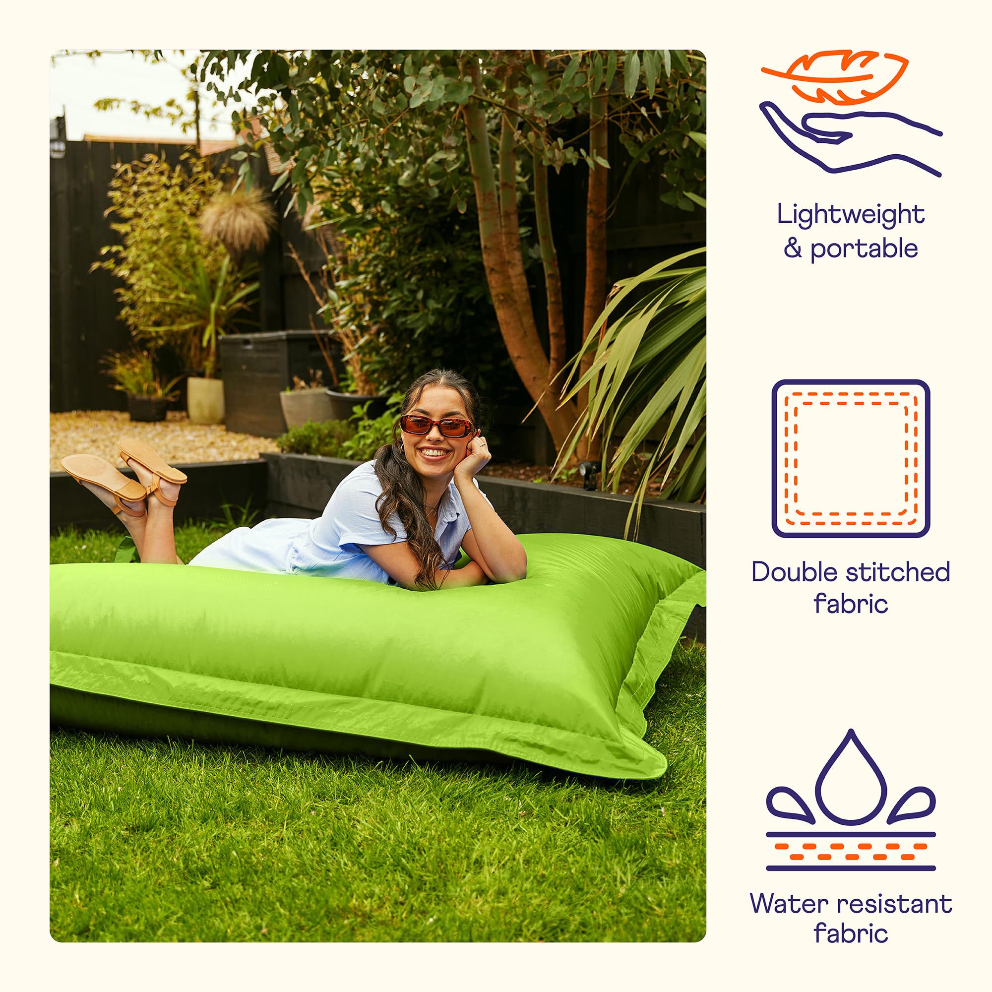 Bean Bag Bazaar Giant Bean Bag, Lime Green, Water-Resistant Fabric, Large Outdoor Floor Cushion with Filling Included, 180cm x 140cm, Garden Chairs,