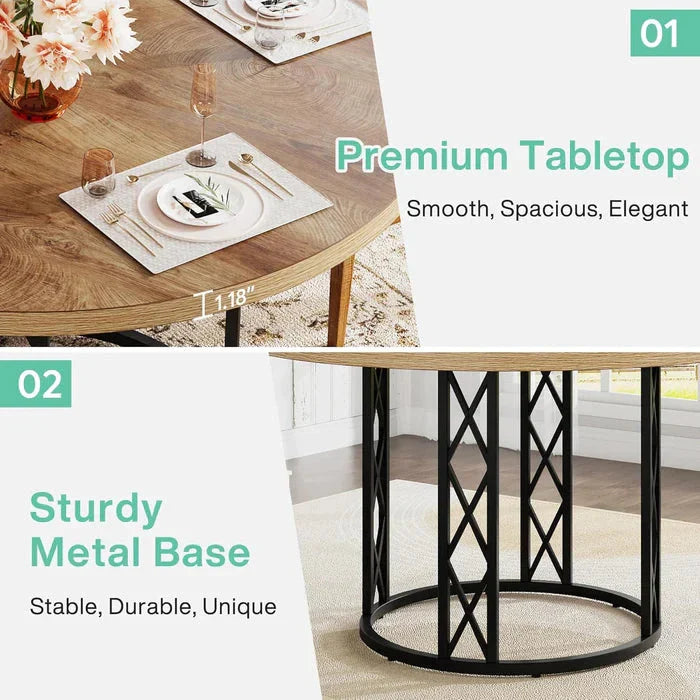 Industrial Round Dining Table - Rustic Wood Top with X-Frame Metal Pedestal
