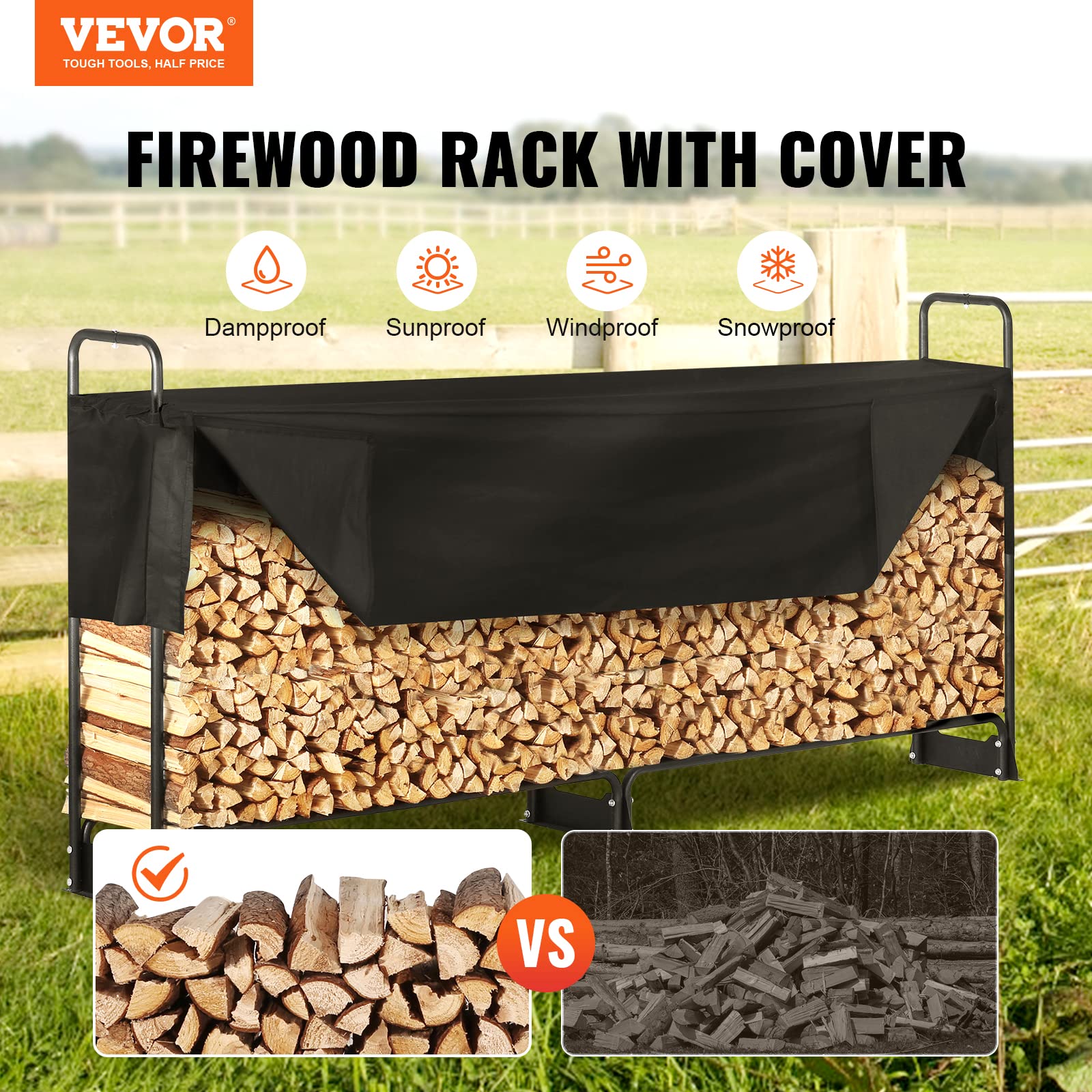 VEVOR 8.5FT Outdoor Firewood Rack with Cover, 102x14.2x46.1 in, Heavy Duty Firewood Holder & 600D Oxford Waterproof Cover for Fireplace, Patio,