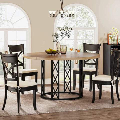 Industrial Round Dining Table - Rustic Wood Top with X-Frame Metal Pedestal