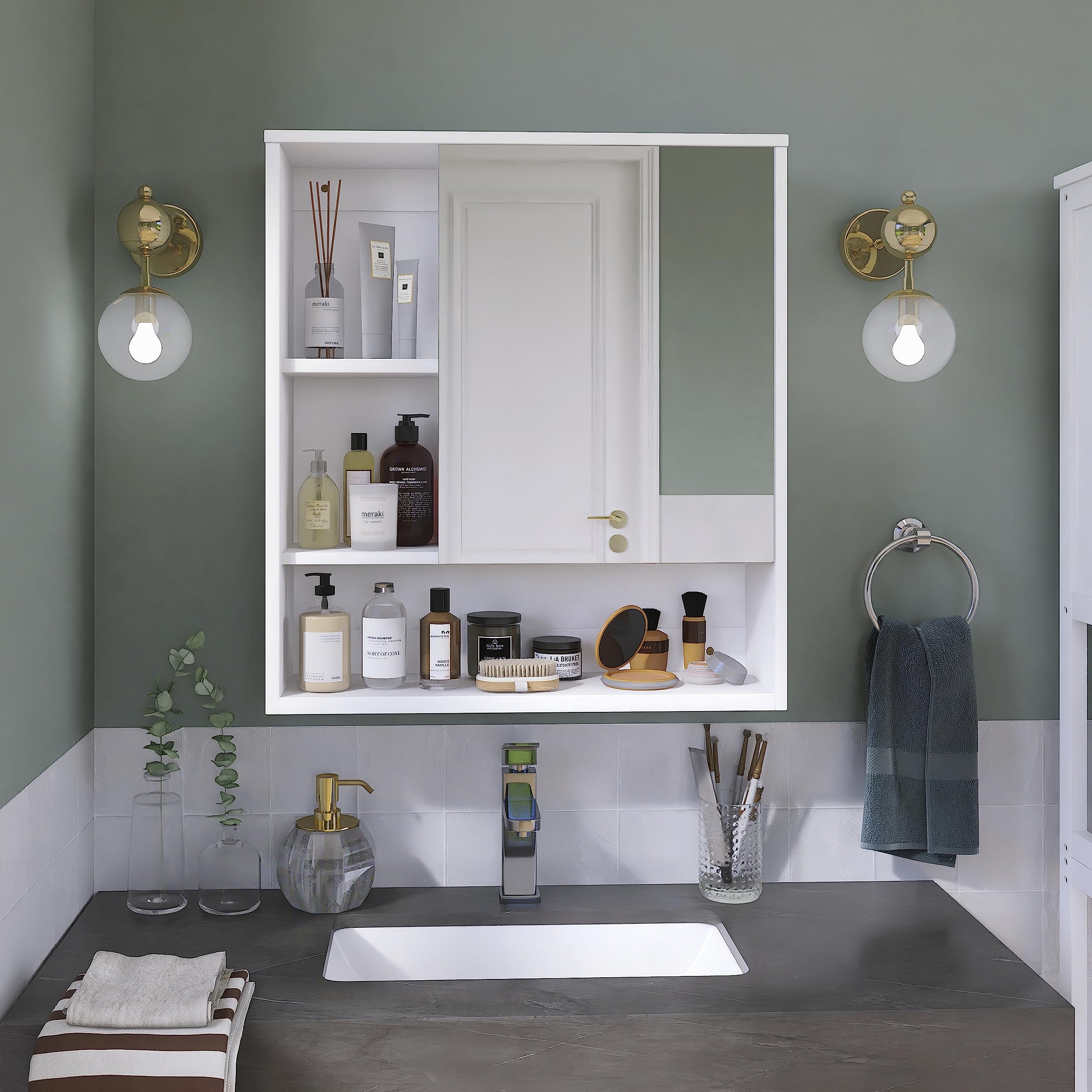 SMIBUY Bathroom Mirror Cabinet Wall Mounted, Bamboo Space Saver Medicine Cabinet, Wall Hanging Over Toilet Storage Cabinet with Mirror Door and
