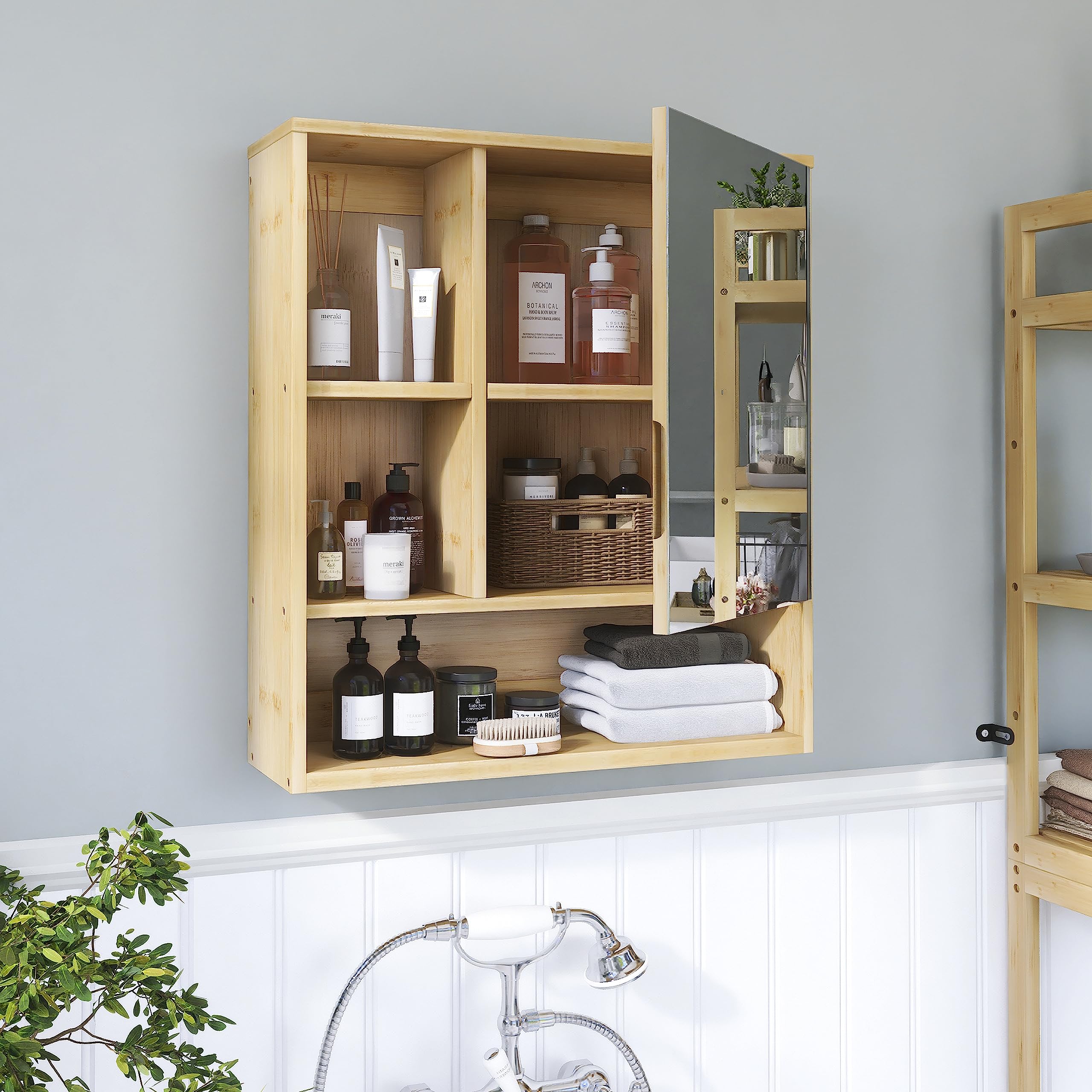 SMIBUY Bathroom Mirror Cabinet Wall Mounted, Bamboo Space Saver Medicine Cabinet, Wall Hanging Over Toilet Storage Cabinet with Mirror Door and