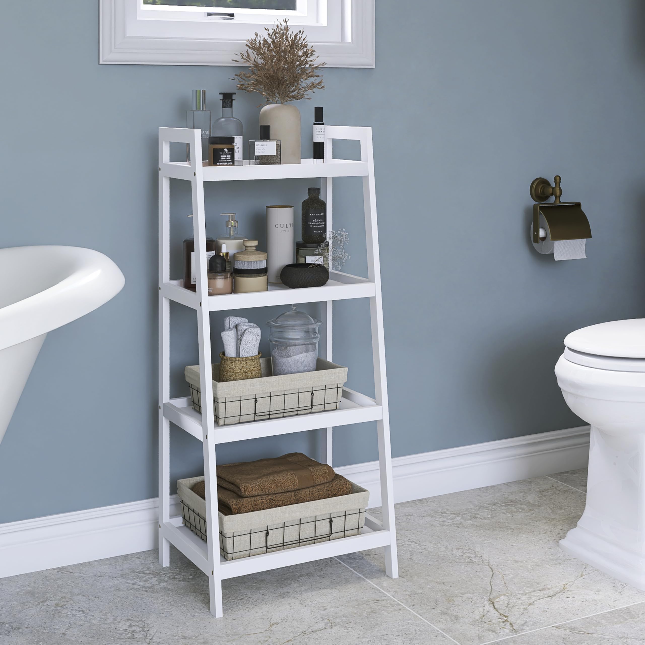 SMIBUY Ladder Shelf, 4 Tier Bamboo Bookshelf, Bathroom Storage Organizer Plant Display Stand, Freestanding Open Shelving Unit with Handles for Home