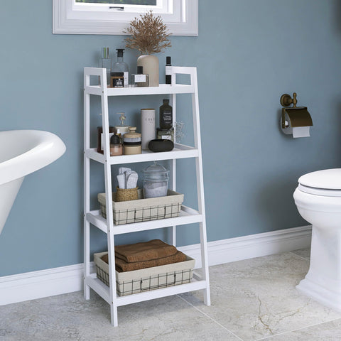 SMIBUY Ladder Shelf, 4 Tier Bamboo Bookshelf, Bathroom Storage Organizer Plant Display Stand, Freestanding Open Shelving Unit with Handles for Home